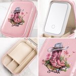 Personalizado Vintage sombrero de vaquero Botas de Nacimiento Flor de cuero Joyero con LED tricolor Cosméticos Espejo Viaje esencial Regalo de cumpleaños para las mujeres