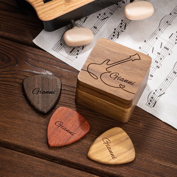 Plettro di legno personalizzato per chitarra e basso e custodia magnetica con testo inciso accessori musicali regalo di compleanno per chitarristi