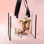 Personalized Vintage Cowboy Hat Boots Birth Flower Clear Tote Bag with Name Birthday Travel Wedding Party Gift for Women