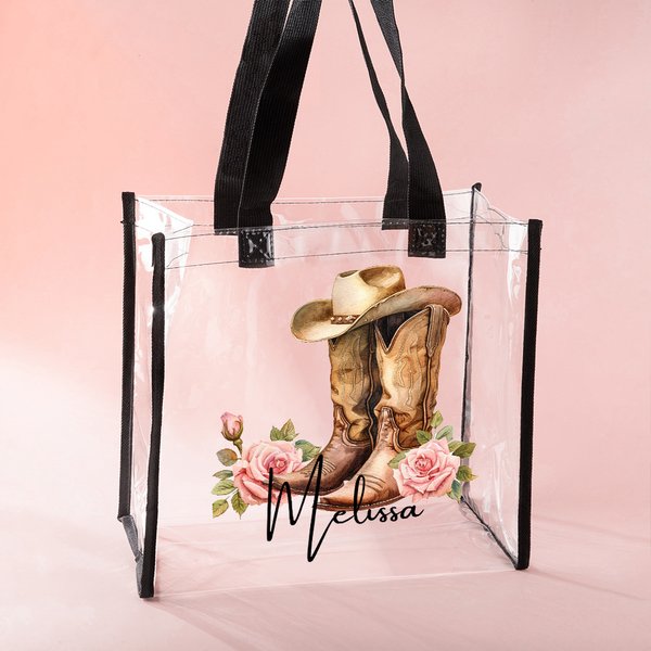Personalized Vintage Cowboy Hat Boots Birth Flower Clear Tote Bag with Name Birthday Travel Wedding Party Gift for Women