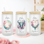 Personalised Watercolour 12 Constellation Sign Zodiac Design 20oz  Glass with Bamboo Lid and Straw Birthday Anniversary Gift for Astrology Enthusiast