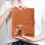 Personifierad blommig Highland Cow Namn A5 Skissbok Anteckningsbok Läderomslag med förvaringsficka Födelsedagspresent för Highland Cow Lover Målare Studenter
