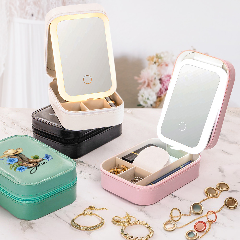 Boîte à bijoux en cuir avec miroir cosmétique tri-colore à LED Cadeau d'anniversaire pour femme