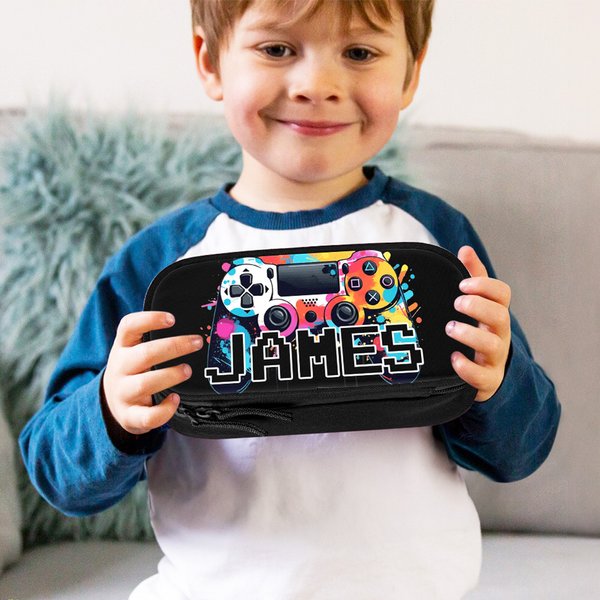 Personalized Watercolour Gamepad Design Double-layer Oxford Pencil Case with Name and Zipper School Supply Birthday Back to School Gift for Boys Girls