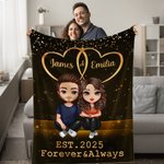 Personalized Cartoon Character Starry Sky Double Heart Soft Throw Blanket with Names and Year Home Decor Valentine's Day Anniversary Gift for Couple