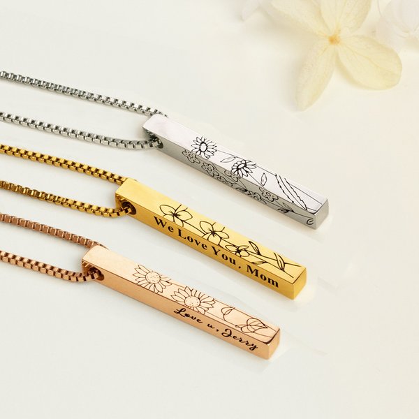 Engraved 4 Sides Family Bar Necklace with Birth Flower