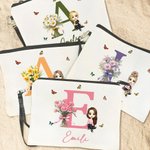 Borsa trucco in tela multicolore con cinturino polso personalizzata con nome iniziale cartone fiore regalo di compleanno e anniversario per le donne