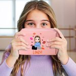 Personligt läppstift Tecknad flicka Läder Sminkväska med namn Bärbar Resa Essentials Födelsedag Brudtärna Present för flickor Kvinnor