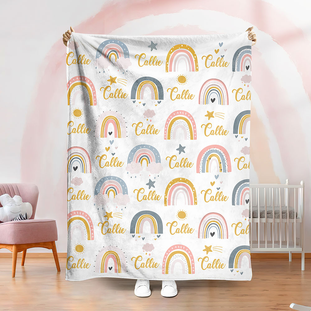 Couverture Douce  Personnalisée avec Nom et Motif d'Arc-en-ciel Décoration de Maison Cadeau Anniversaire pour Filles et Garçons