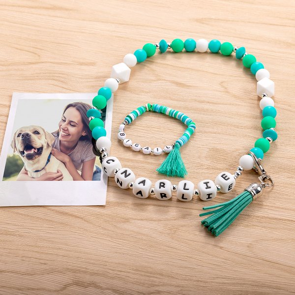Personalised Matching Colorful Silicone Beaded Dog Cat Pet Collar and Owner Bracelet Set with Name and Tassel Birthday Gift for Pet Owner