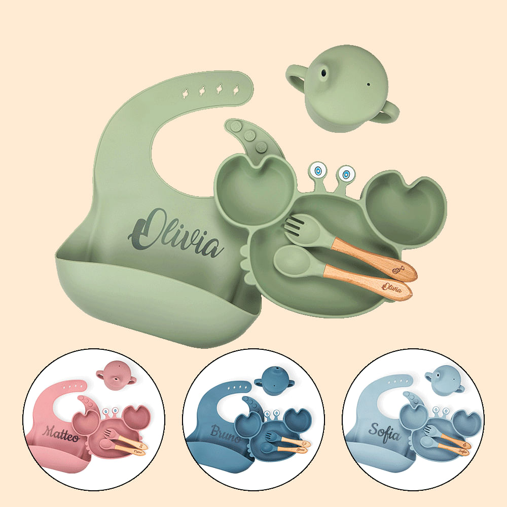 Set di posate personalizzato con nome materiale in silicone alimentare con piatto con ventosa a forma di granchio regalo utile e pratico per bambini - CALLIE