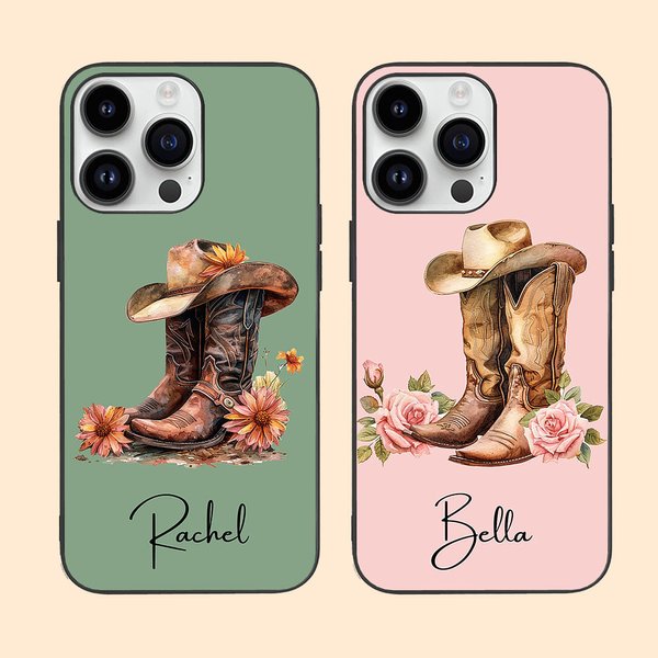 Personalised Western Cowgirl Hat Boots Birth Flower Phone Case for iPhone with Name Birthday Bridal Shower Gift for Women