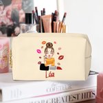 Personligt läppstift Tecknad flicka Läder Sminkväska med namn Bärbar Resa Essentials Födelsedag Brudtärna Present för flickor Kvinnor