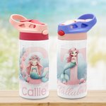 Gourde Isotherme 355 ml Personnalisée avec Motif Sirène Féerique Océan Initiale et Nom Poignée et Paille en Silicone Cadeau Rentrée pour Fille