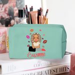 Personligt läppstift Tecknad flicka Läder Sminkväska med namn Bärbar Resa Essentials Födelsedag Brudtärna Present för flickor Kvinnor