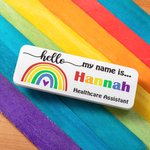 Personalised Rainbow Sun Heart Magnetic Plastic Pin Badge with Name Nurses Week Birthday Appreciation Gift for Nurse Doctor Teacher