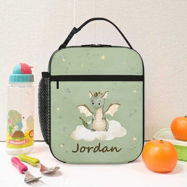 Personalised Cartoon Dragon Star Pattern Waterproof Insulated Lunch Bag with Name and Handle for Work Picnic Back to School Gift for Kids