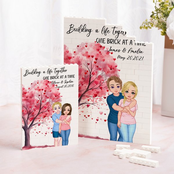 Personalisiertes Herzbaum Cartoon Figuren Baustein Puzzle mit Namen und Datum Valentinstag Jahrestag Geschenk für Paare
