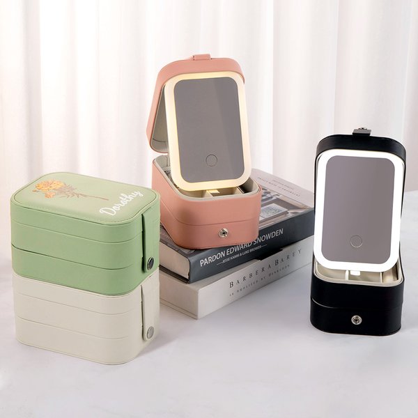 Personalized Double-Layer Birth Flower Leather Jewellery Box with Name Changing Colour LED Makeup Mirror Birthday Valentine's Day Gift for Women