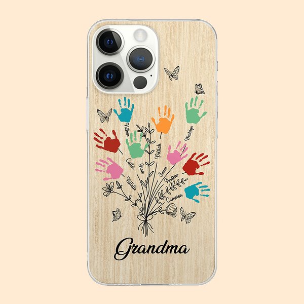 Personalised Colourful Handprint Floral Bouquet Phone Case for iPhone with 1-10 Names Mother's Day Birthday Gift for Mom Grandma