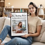 Personalized The Reading Times Newspaper Style Collage Photos Canvas Painting with Name Text Home Wall Decor Birthday Gift for Book Lovers