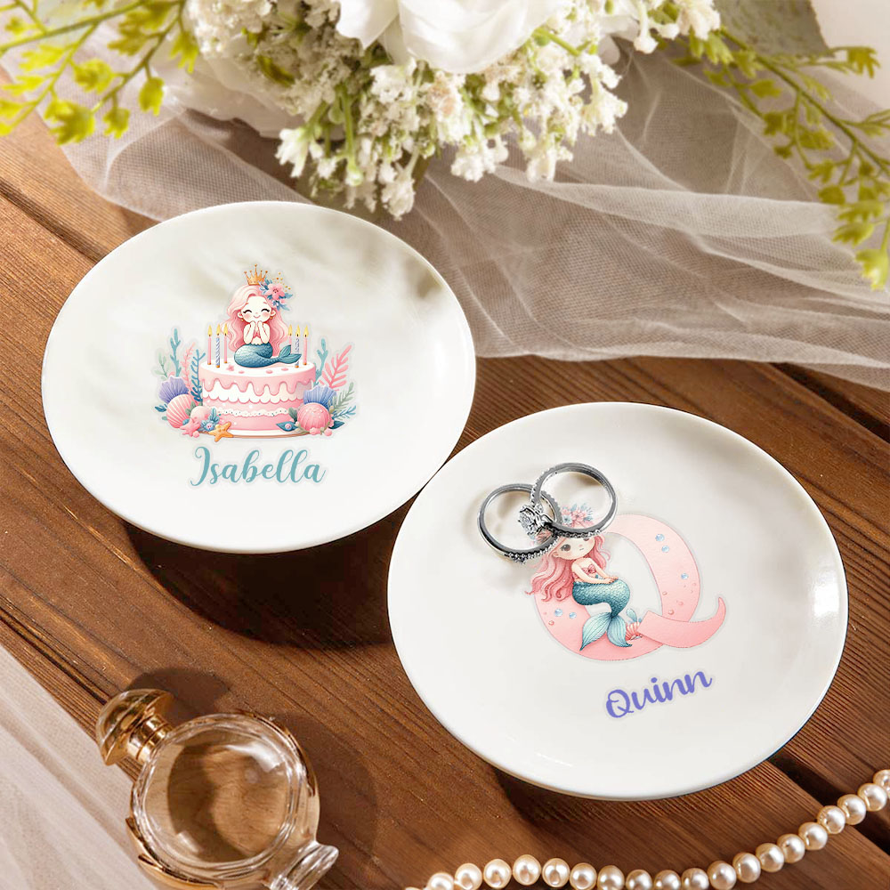 Plat à bijoux personnalisé en céramique pour fille sirène avec nom Cadeau d'anniversaire pour femme fille