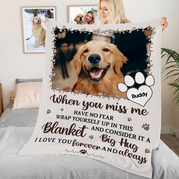 Personalized Miss Me No Fear Paw Print Soft Throw Blanket with Pet Photo and Name Pet Loss Memorial Sympathy Gift for Pet Lover