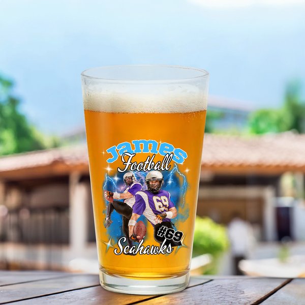 Personalized Cool Flame Lightening Photo Design 16oz Beer Glass with Name and Number Birthday Home Kitchen Accessories Gift for Sport Lover