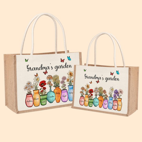 Personalized Mom's Grandma's Garden 1-10 Birth Flowers Vase Tote Bag with Names Birthday Mother's Day Gift for Family Women