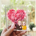 Personalised Cartoon Comparison Couple Pink Heart Tree Square Acrylic Plaque with Name Desk Decor Valentine's Day Gift for Couple