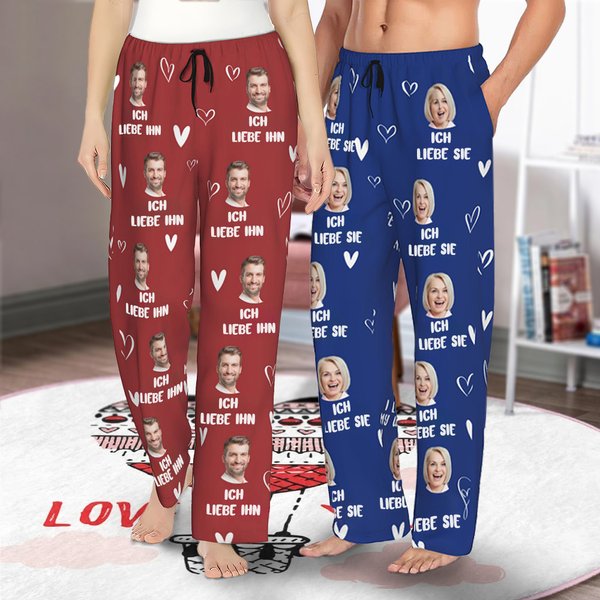 Personalisierte Lustige Lebkuchenmann Herz Pyjama-Hose mit Portrait Foto Text Kordel Weihnachten Jahrestag Geschenk für Damen Herren