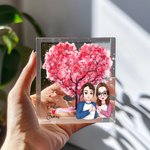 Personalised Cartoon Comparison Couple Pink Heart Tree Square Acrylic Plaque with Name Desk Decor Valentine's Day Gift for Couple