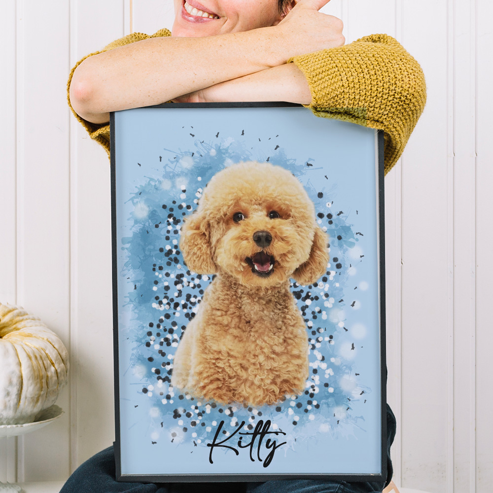 Peinture Effet Huile Pailletée Personnalisée avec Photo d'Animal et Nom Cadeau Anniversaire pour Famille Amis Amoureux des Animaux