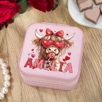 Personalised Coquette Bow Love Highland Cow PU Leather Jewellery Box with Name Travel Essentials Birthday Valentine’s Day Gift for Women