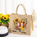 Borsa in juta personalizzata con due personaggi animati gesto del cuore e fiore con nomi regalo di San Valentino anniversario o compleanno per coppie