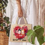 Borsa in juta personalizzata con due personaggi animati gesto del cuore e fiore con nomi regalo di San Valentino anniversario o compleanno per coppie