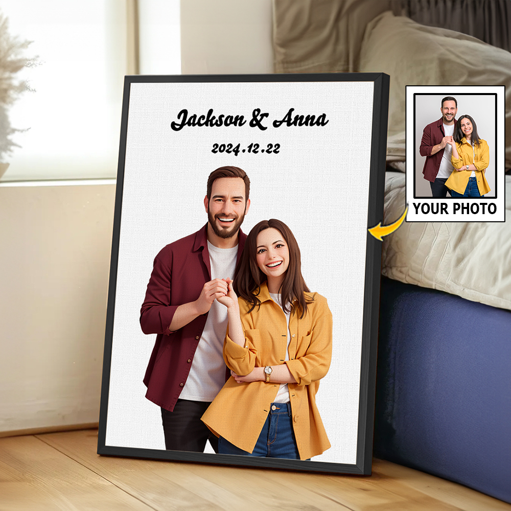 Personalizzato 3D Cartoon Ritratto Foto Pittura su tela con titolo e data Decor da parete San Valentino Anniversario Matrimonio Regalo per la coppia F