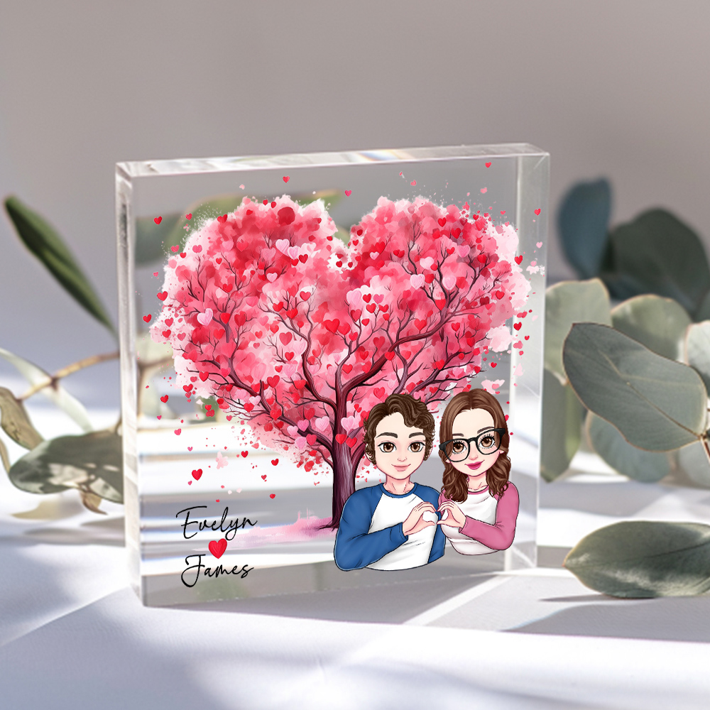 Plaque Carrée en Acrylique Personnalisée avec Nom et Personnage Dessin Animé Décoration de Bureau Cadeau de Saint-Valentin pour Couples