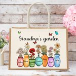 Personalisiertes Tote Bag Jute-Tasche Mom's Omas Garten 1-10 Geburtsblumen Vase mit Namen Geburtstag Muttertag Geschenk für Familie Frauen