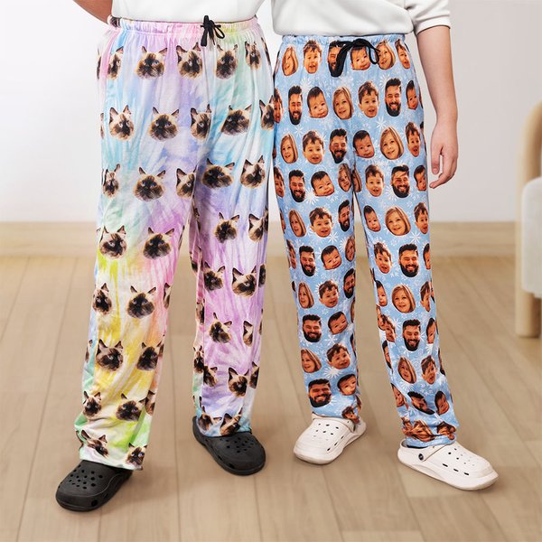 Personalized Multicolor 1-4 Portrait Photos Short-Sleeve Shirt Pants Matching Pajama Set with Drawstring Waist Birthday Gift for Family Kids