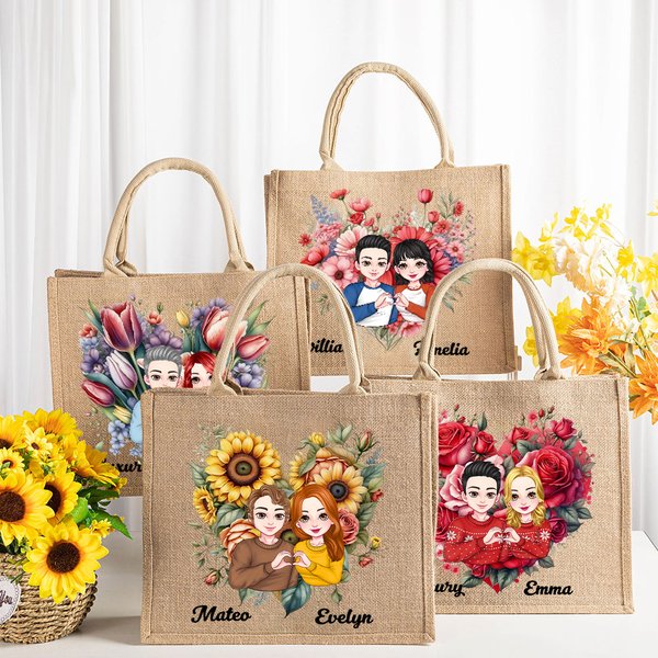 Personalized Cartoon Couple Heart Gesture Floral Love Large Jute Tote Bag with Names Valentine's Day Anniversary Birthday Gift for Couple