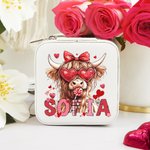 Personalised Coquette Bow Love Highland Cow PU Leather Jewellery Box with Name Travel Essentials Birthday Valentine’s Day Gift for Women
