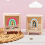 Hucha de madera transparente arco iris personalizada con nombre Decoración de guardería Cumpleaños Baby Shower Regalo para niños
