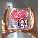 Personalised Cartoon Comparison Couple Pink Heart Tree Square Acrylic Plaque with Name Desk Decor Valentine's Day Gift for Couple