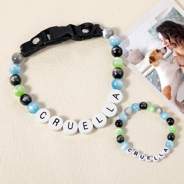 Personalised Handmade Friendship Colorful Elastic Beaded Pet Collar and Owner Bracelet Set Pet Keepsake Birthday Gift for Cat Dog Mom Pet Owner
