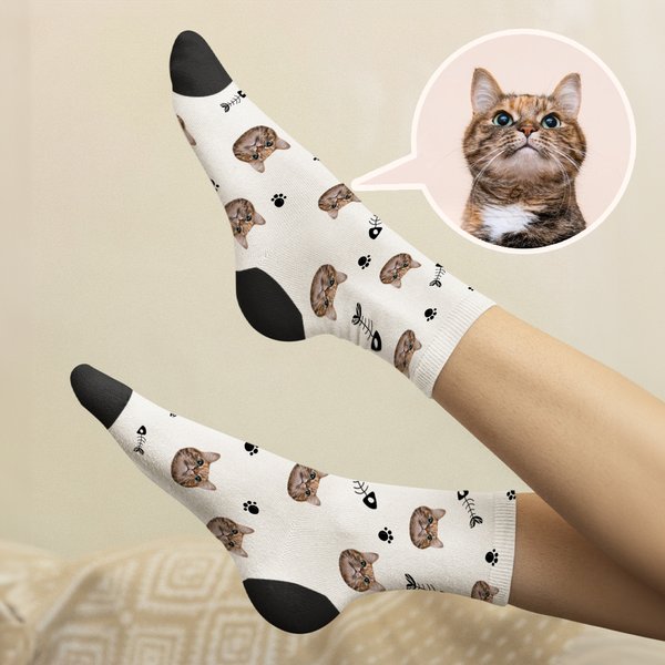 Personalised Multicolor Dog Cat Pet Photo Paw Fishbone Print Design Tube Socks with Name Birthday Party Gift for Pet Owner Lover
