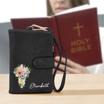 Personalized Watercolor Cross Birth Flower Name PU Leather Wallet with Card Slots and Wrist Strap Easter Religious Birthday Gift for Women Christian