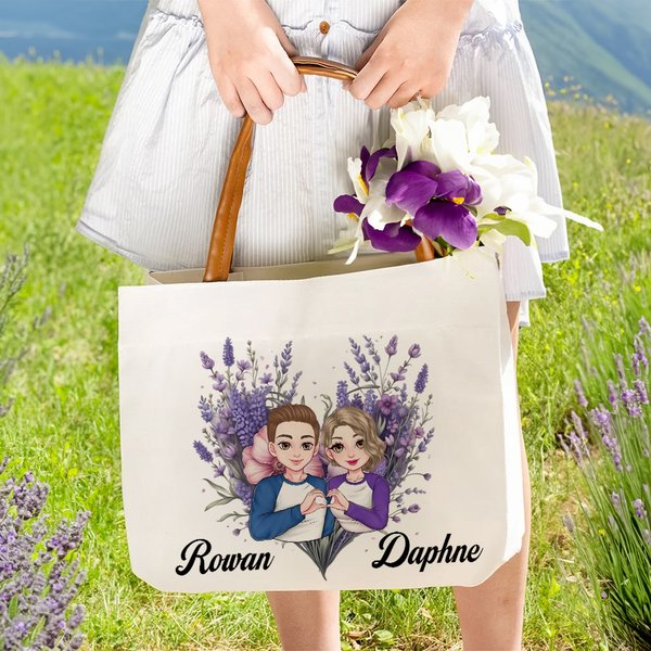 Personalized Cartoon Couple Heart Gesture Floral Love Canvas Tote Bag with Name and Leather Handle Valentine's Day Anniversary Birthday Gift for Women