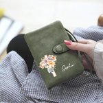 Personalized Watercolor Cross Birth Flower Name PU Leather Wallet with Card Slots and Wrist Strap Easter Religious Birthday Gift for Women Christian