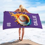 Personalised Flame Basketball Baseball Oversized Quick Dry Beach Towel with Name and Number Birthday Beach Accessories Gift for Sport Lovers